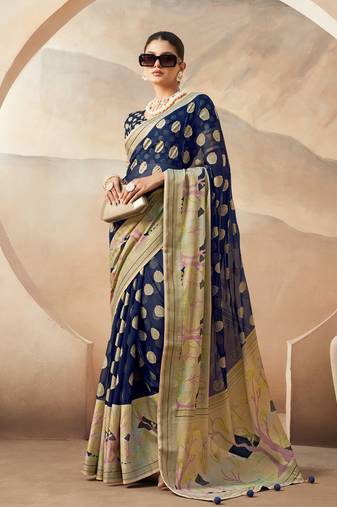 Navy blue pure georgette floral printed saree