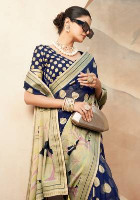Navy blue pure georgette floral printed saree 2