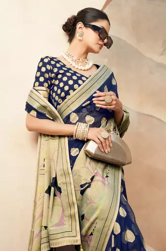 Navy blue pure georgette floral printed saree