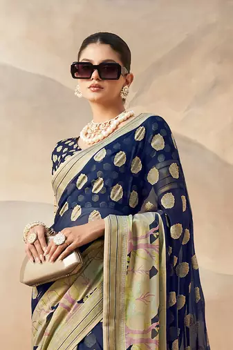 Navy blue pure georgette floral printed saree