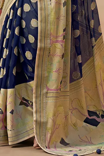 Navy blue pure georgette floral printed saree