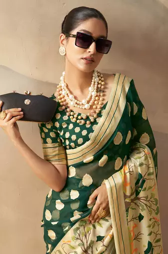 Dark green pure georgette floral printed saree