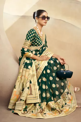 Dark green pure georgette floral printed saree