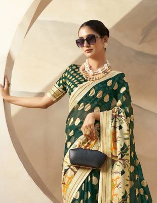 Dark green pure georgette floral printed saree 4