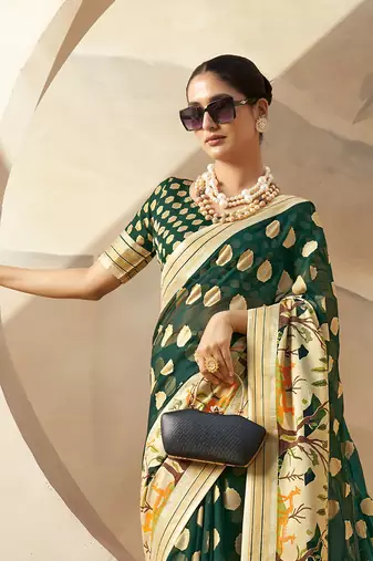 Dark green pure georgette floral printed saree
