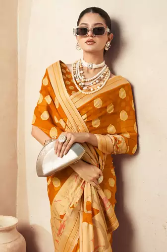 Gamboge yellow pure georgette floral printed saree
