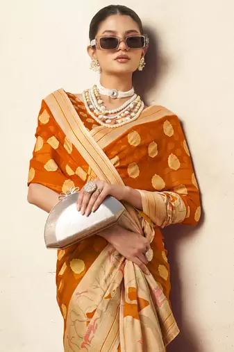 Gamboge yellow pure georgette floral printed saree