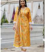 Orange printed cotton long kurta set
