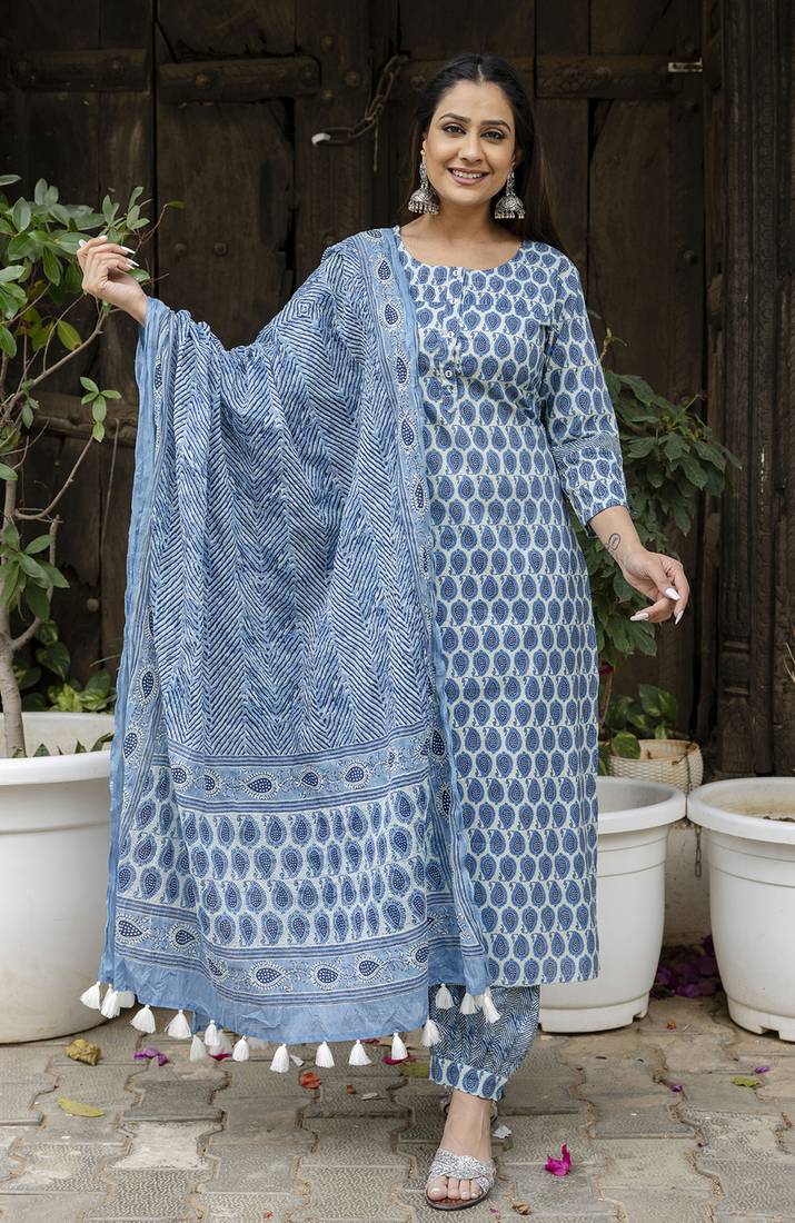Blue printed cotton long kurta set