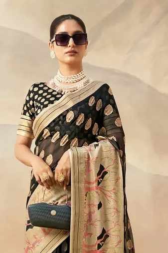 Black pure georgette floral printed saree