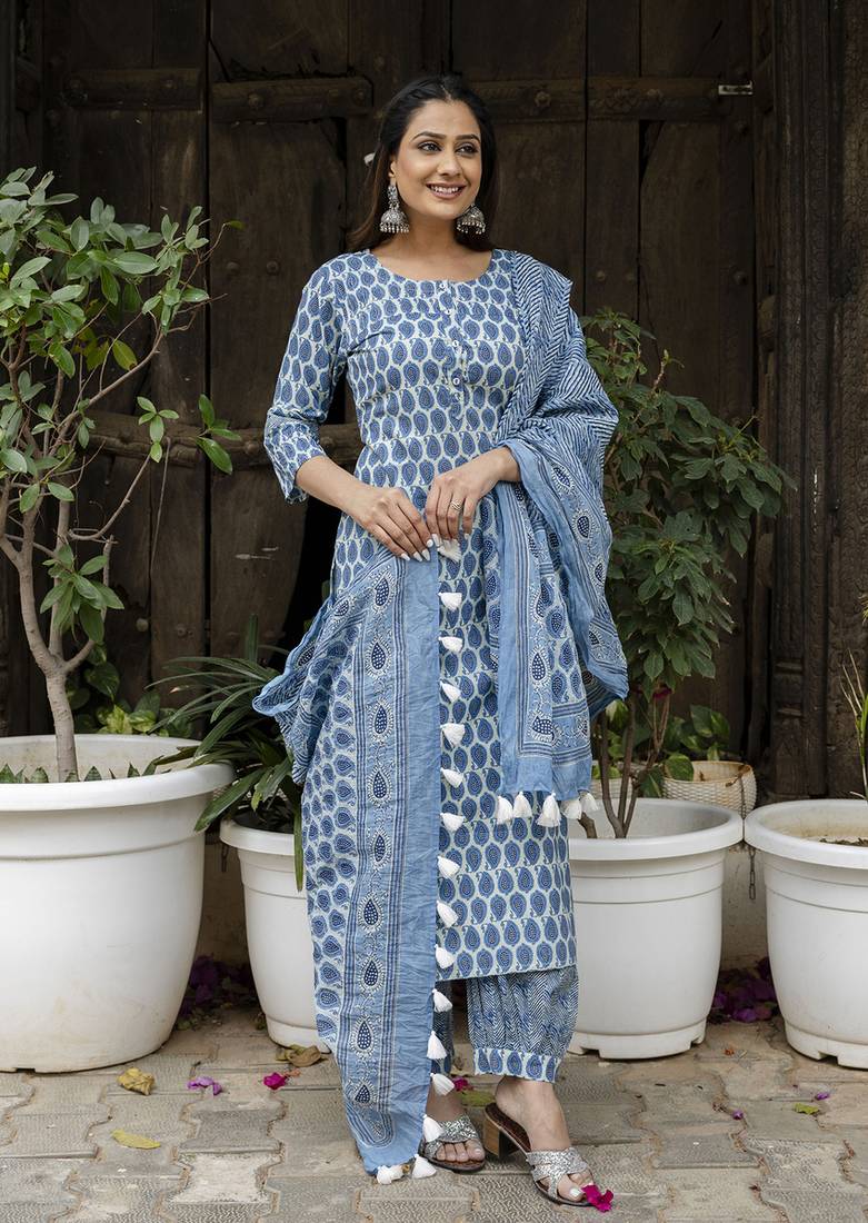 Blue printed cotton long kurta set