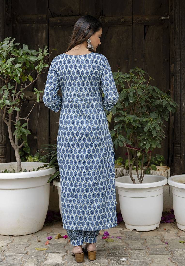 Blue printed cotton long kurta set
