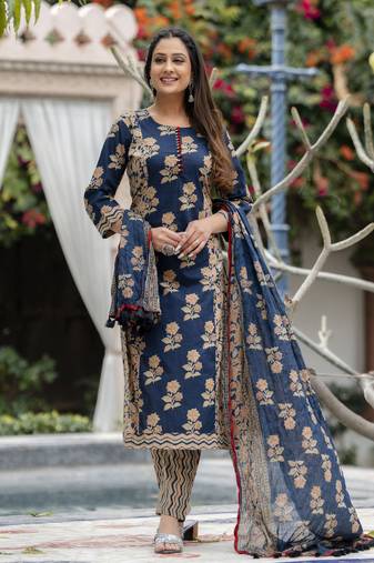 Blue printed cotton long kurta set