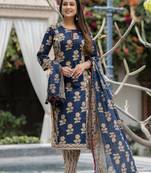 Blue printed cotton long kurta set