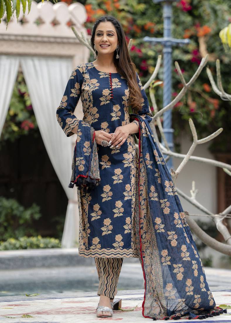 Blue printed cotton long kurta set