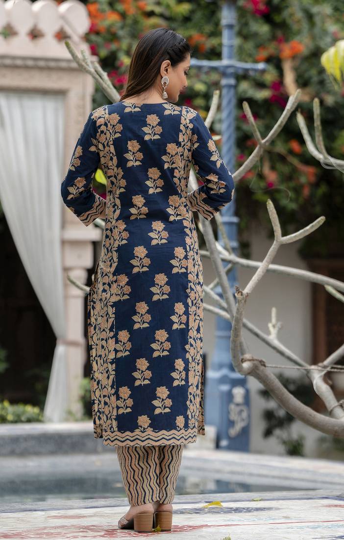 Blue printed cotton long kurta set