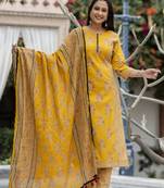 Yellow printed cotton long kurta set