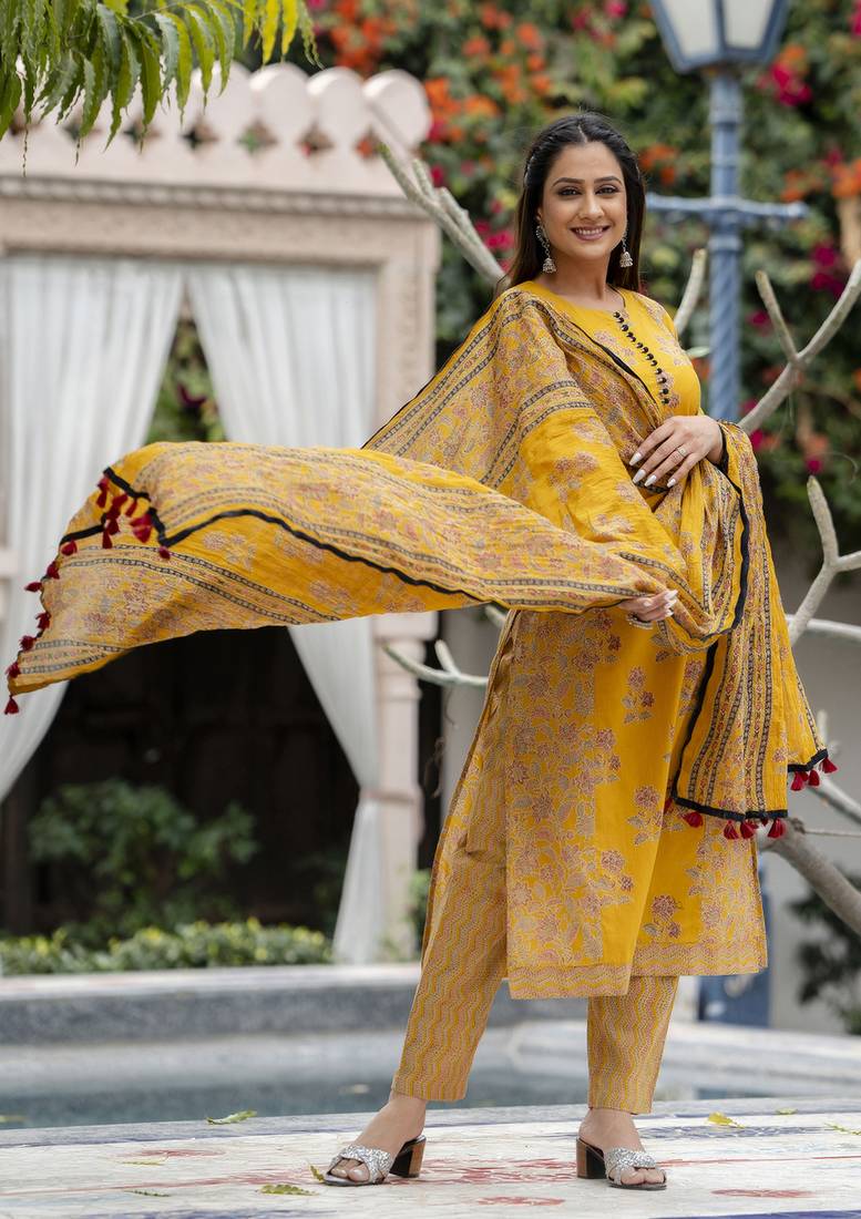 Yellow printed cotton long kurta set