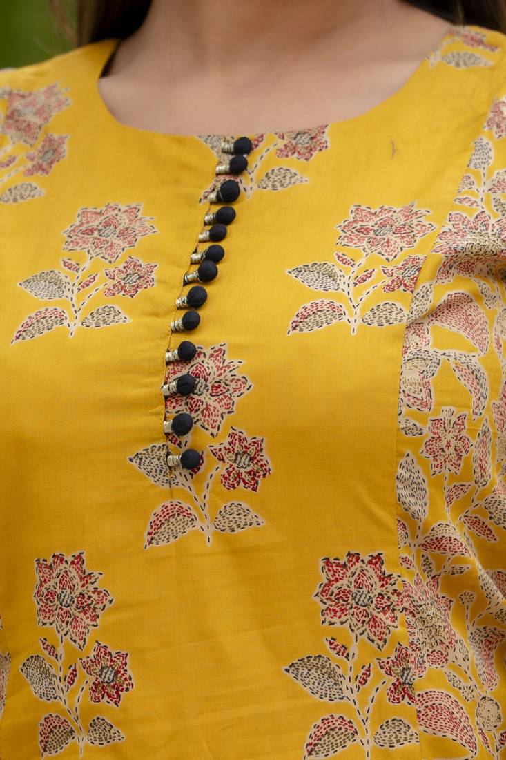 Yellow printed cotton long kurta set