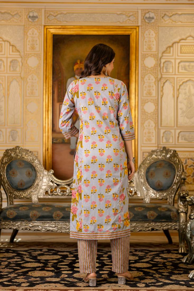 Grey printed cotton long kurta set