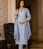 Blue printed cotton long kurta set