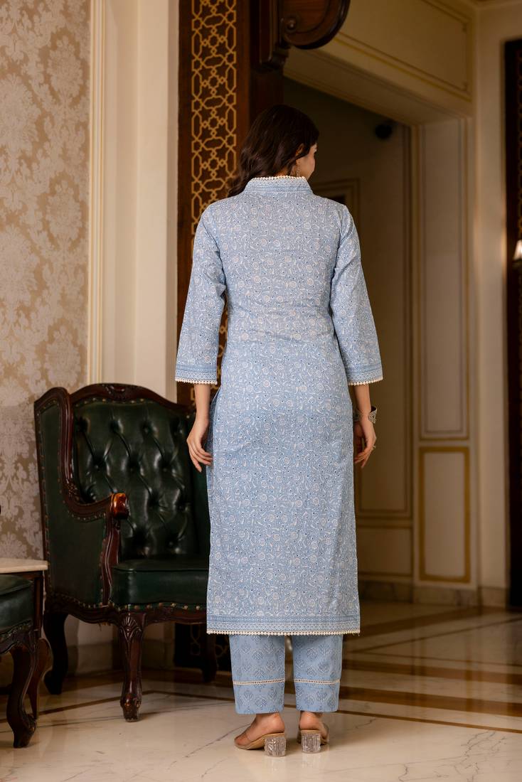 Blue printed cotton long kurta set