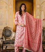 Pink printed cotton long kurta set