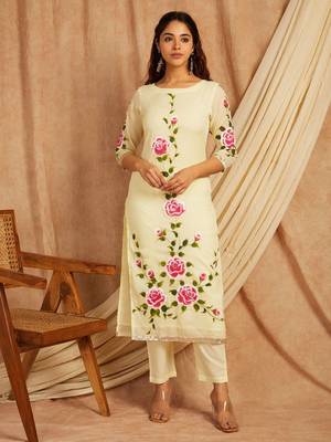 Yellow hand painted long cotton kurta set 1