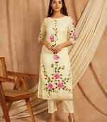 Yellow hand painted long cotton kurta set