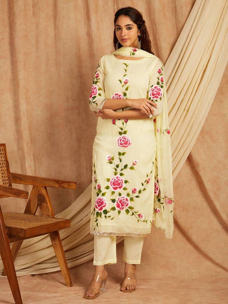 Yellow hand painted long cotton kurta set