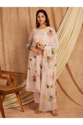 Pink hand painted long cotton kurta set 1
