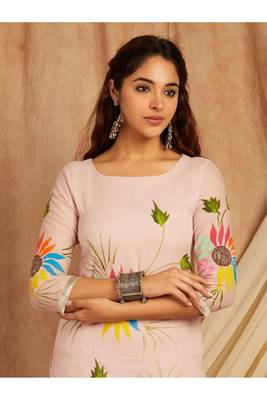 Pink hand painted long cotton kurta set 2