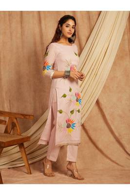 Pink hand painted long cotton kurta set 3