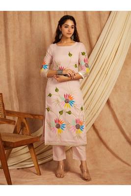 Pink hand painted long cotton kurta set 5