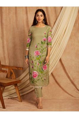 Green hand painted long cotton kurta set 1
