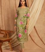 Green hand painted long cotton kurta set