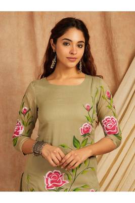 Green hand painted long cotton kurta set 2