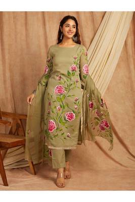 Green hand painted long cotton kurta set 4
