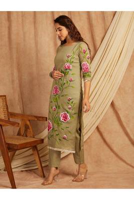 Green hand painted long cotton kurta set 5