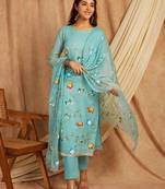 Blue hand painted long cotton kurta set