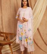 Pink hand painted long cotton kurta set