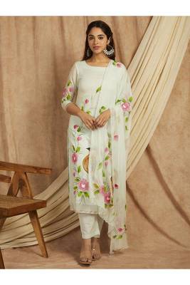 Green hand painted long cotton kurta set 1