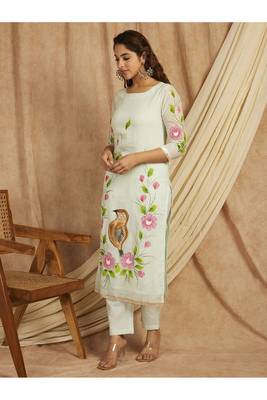 Green hand painted long cotton kurta set 3