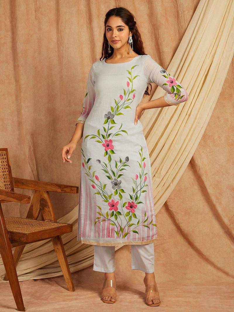 Grey hand painted long cotton kurta set