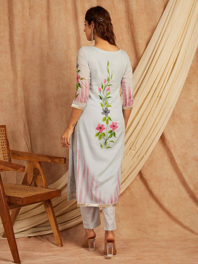 Grey hand painted long cotton kurta set
