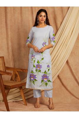 Blue hand painted long cotton kurta set 1