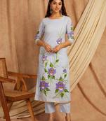 Blue hand painted long cotton kurta set