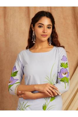 Blue hand painted long cotton kurta set 2