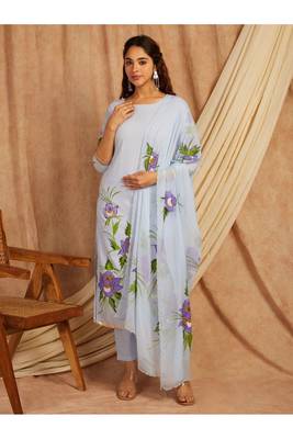 Blue hand painted long cotton kurta set 3