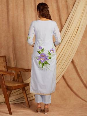 Blue hand painted long cotton kurta set 4